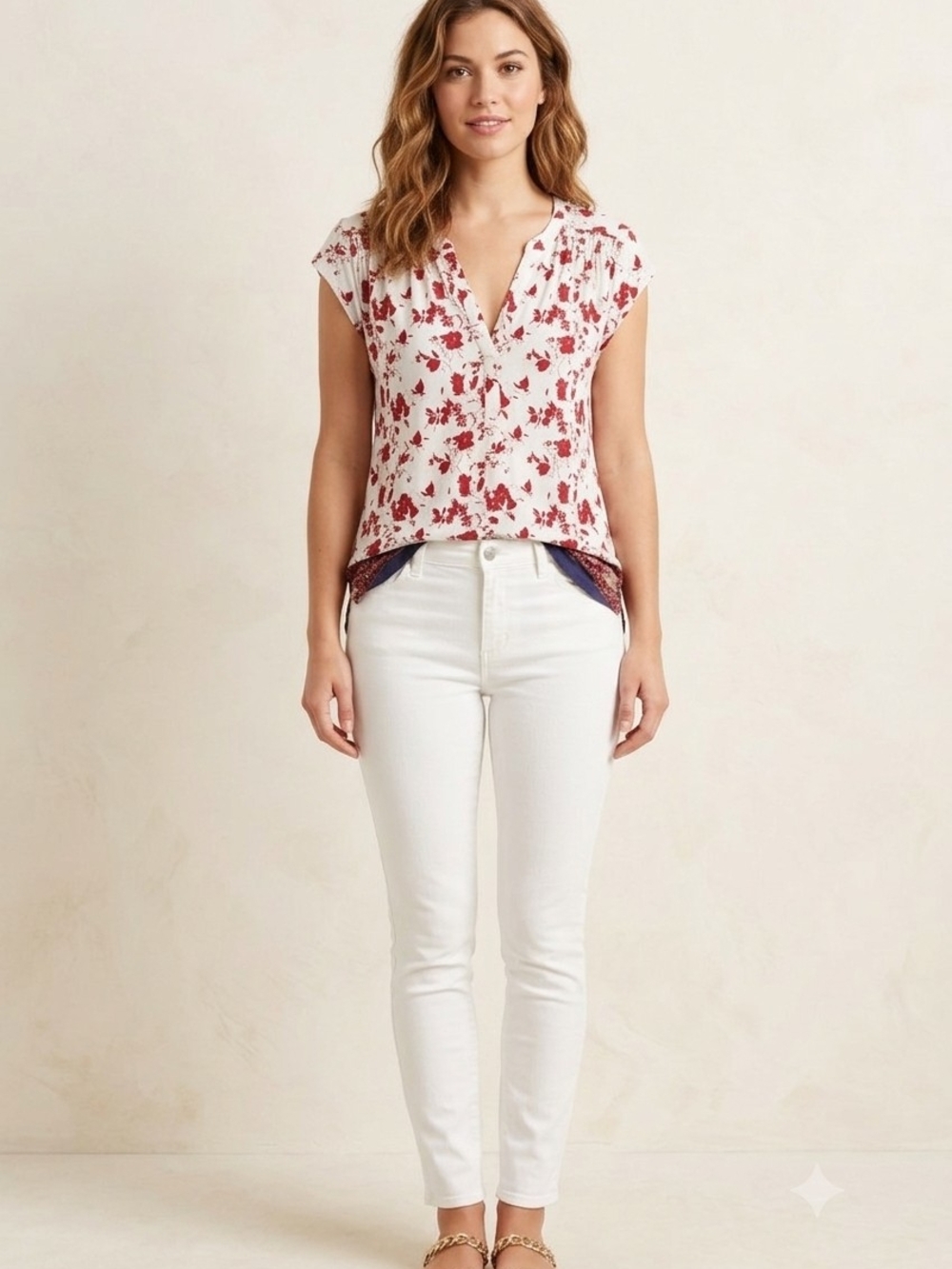 Daniel Rainn White Red Floral Short Sleeve Henly Pleated Blouse Small